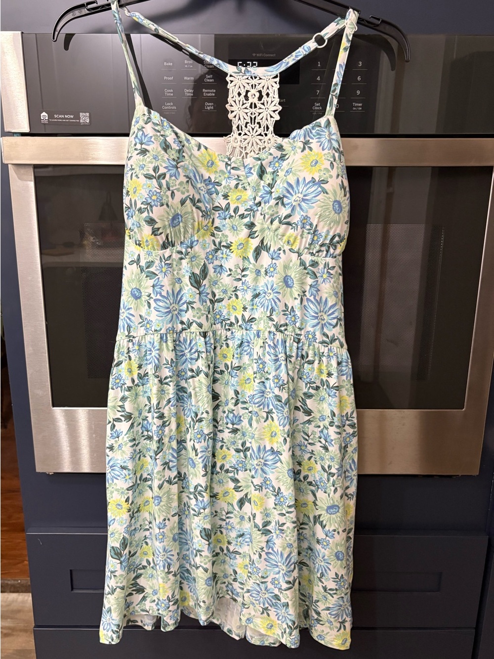 No Boundaries Floral Crochet Back Sundress XXL 21 Blue Yellow Boho